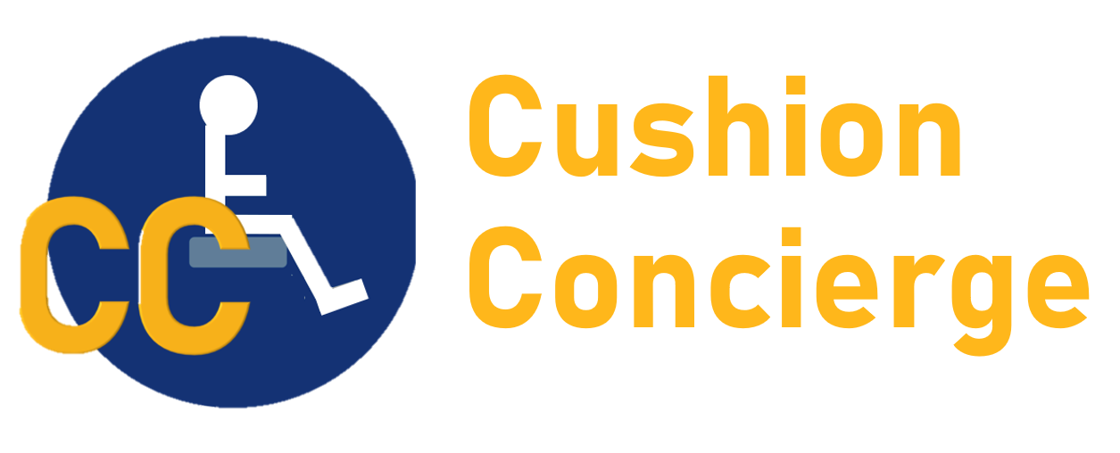 Logo with wheelchair and text "Cushion Concierge"