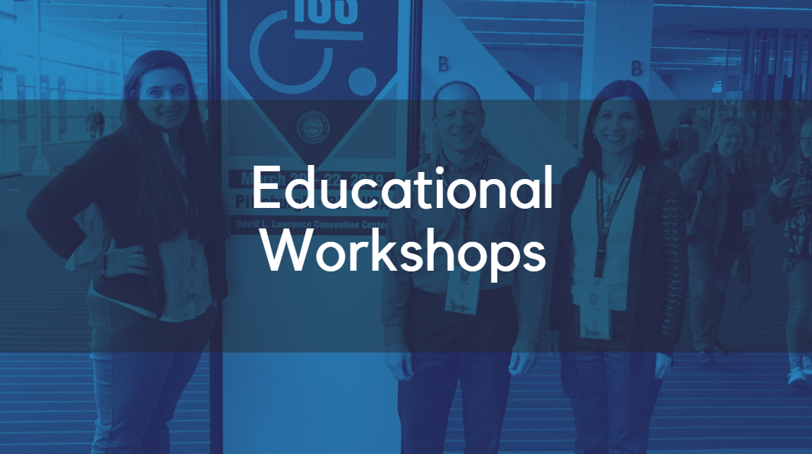 Three people standing next to poster with text "Educational Workshops"